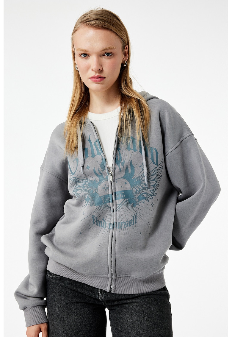 Hanorac lejer cu fermoar si imprimeu grafic