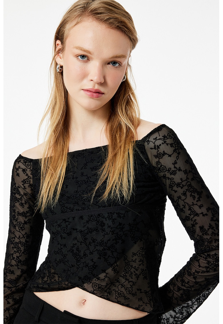 Bluza crop cu decolteu barcuta - Negru