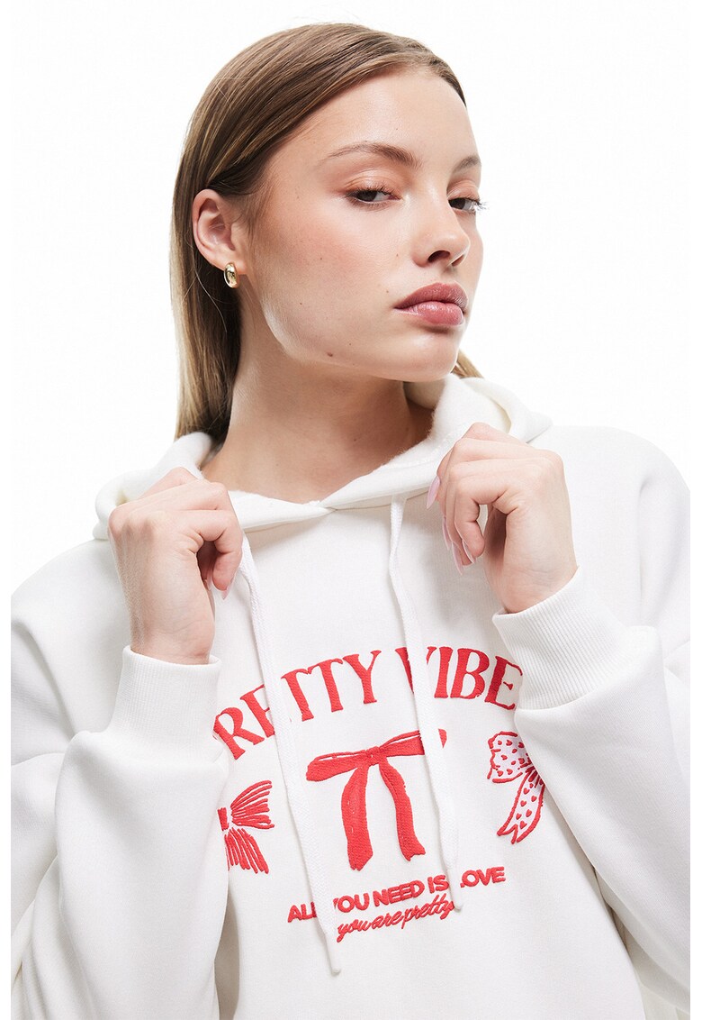 Hanorac cu imprimeu si maneci cazute - Rosu/Alb murdar