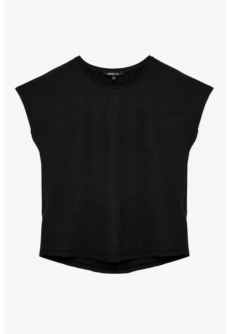 Tricou cu decolteu la baza gatului si model uni - Negru