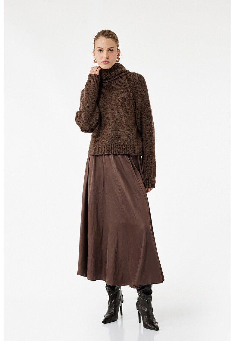 Fusta cu croiala pe bie si talie elastica - Maro