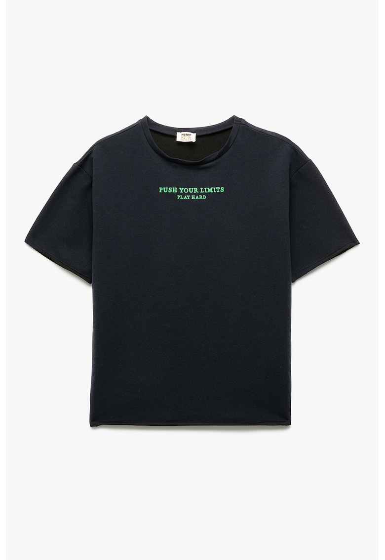 Tricou cu decolteu la baza gatului si imprimeu text - Bleumarin