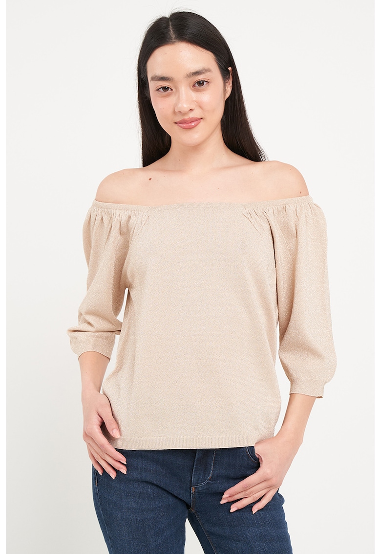 Pulover cu decolteu pe umeri si aspect stralucitor