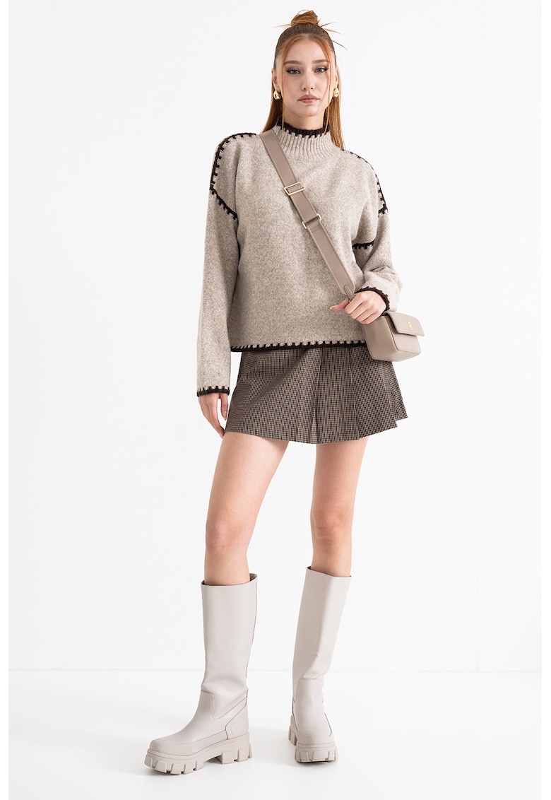 Pulover cu maneci cazute si guler mediu - Maro taupe