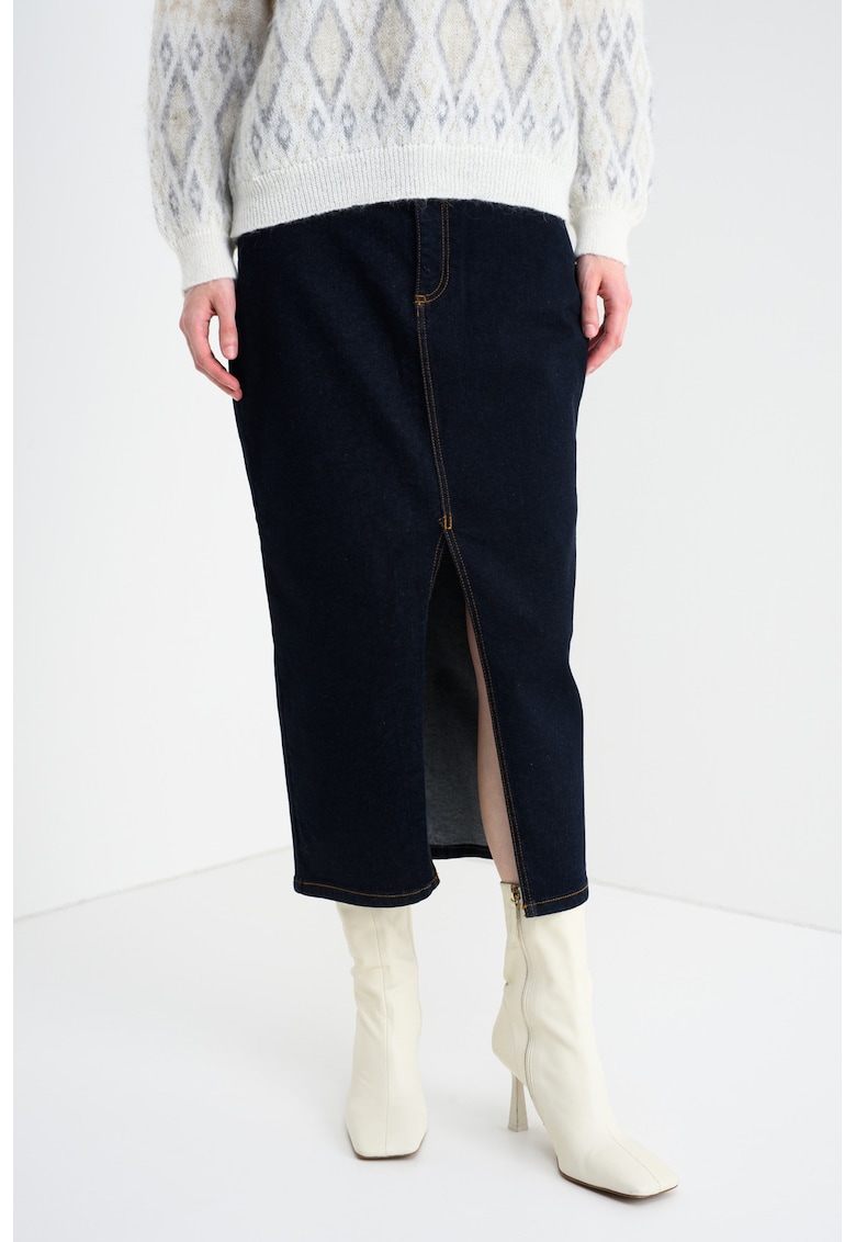 Fusta de denim cu slit pe partea din fata