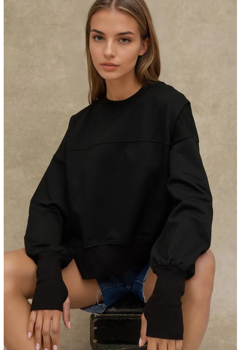 Hanorac dama supradimensionat - guler rotund - negru - textil