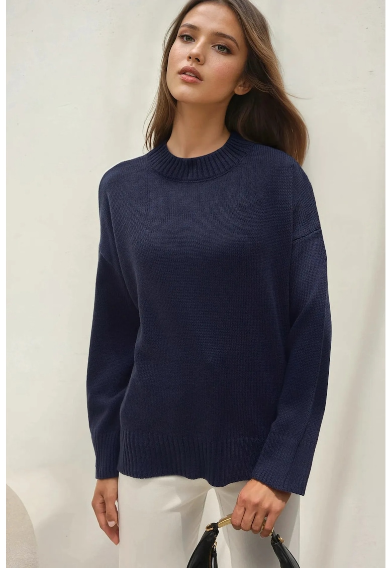 Pulover dama guler rotund - albastru - tricot - confortabil