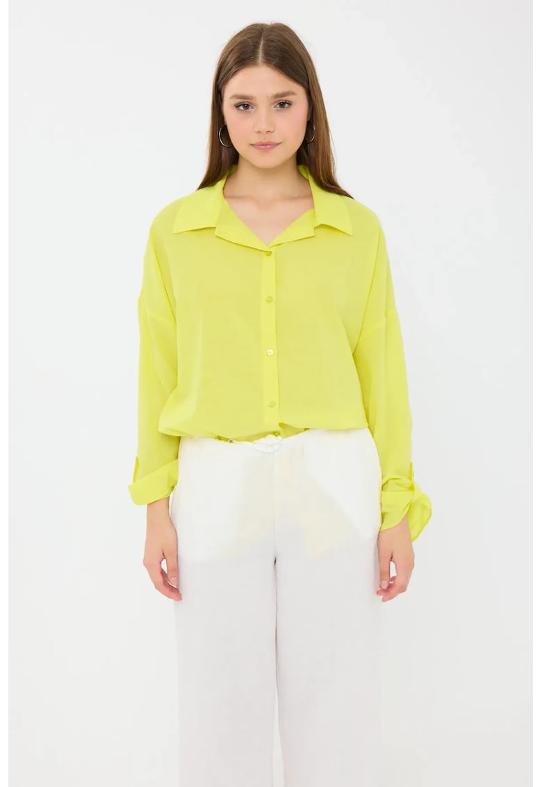 Camasa supradimensionata dama - bumbac - cu maneca lunga si nasturi - galben lamaie -