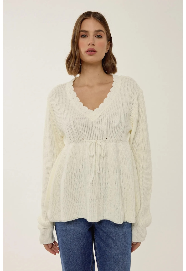 Pulover dama decolteu in V - detalii elegante - natural - tricot