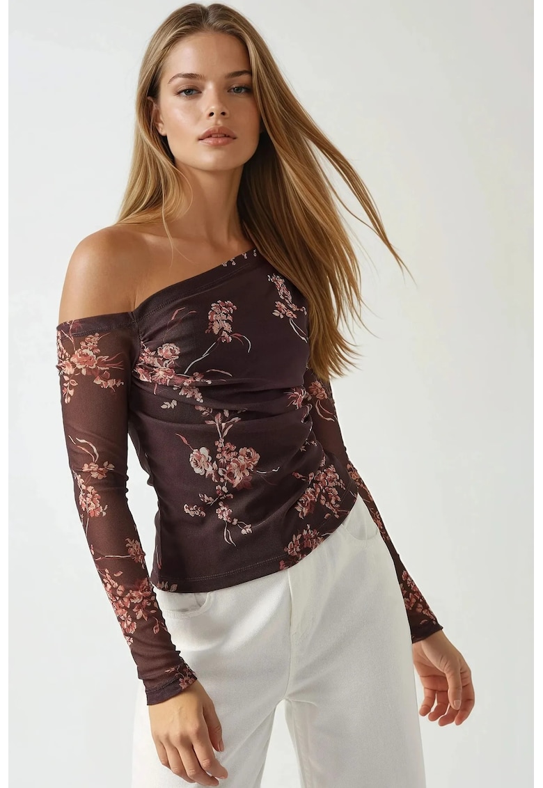 Bluza din tul cu imprimeu floral cu guler asimetric