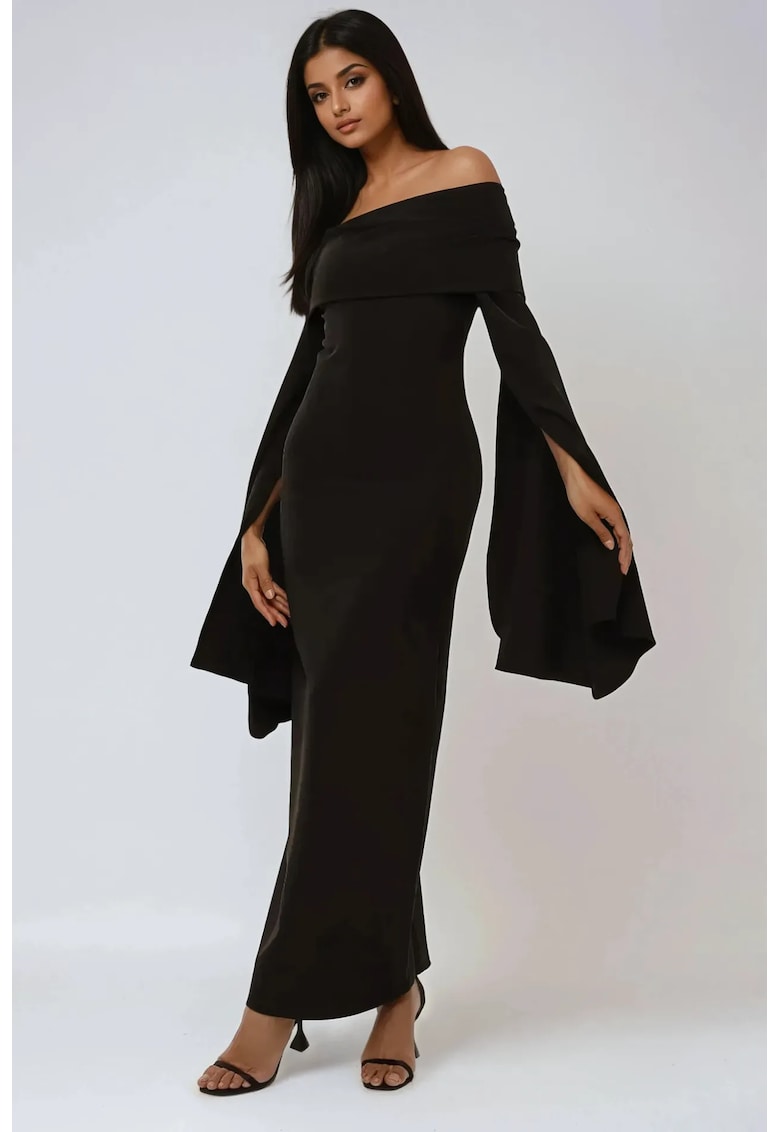 Rochie maxi - cu umeri goi - neagra - poliester