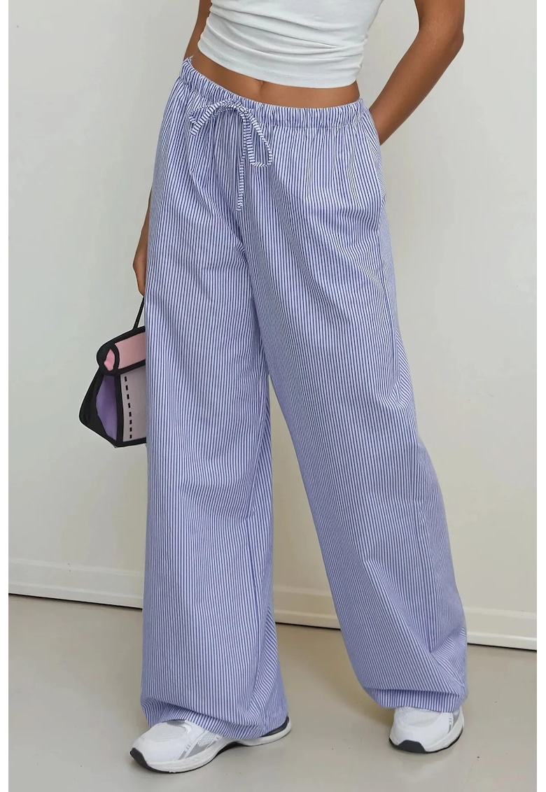 Pantaloni dama - din bumbac cu talie elastica - dungi - albastru