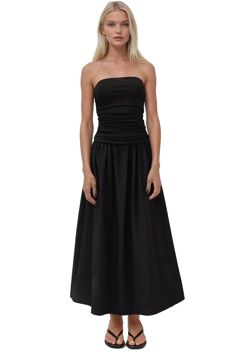 Rochie maxi -  fara bretele - detaliu volan - neagra - textil