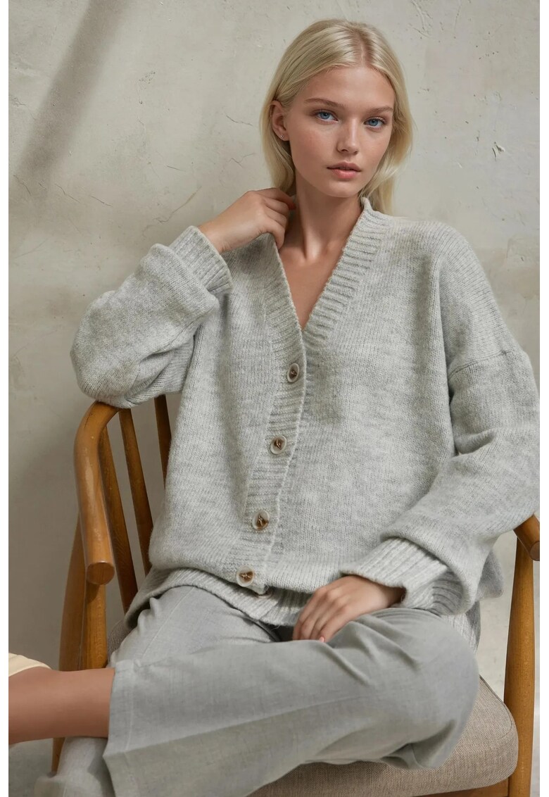 Cardigan tricotat gros - decolteu in V - tricot - Gri -