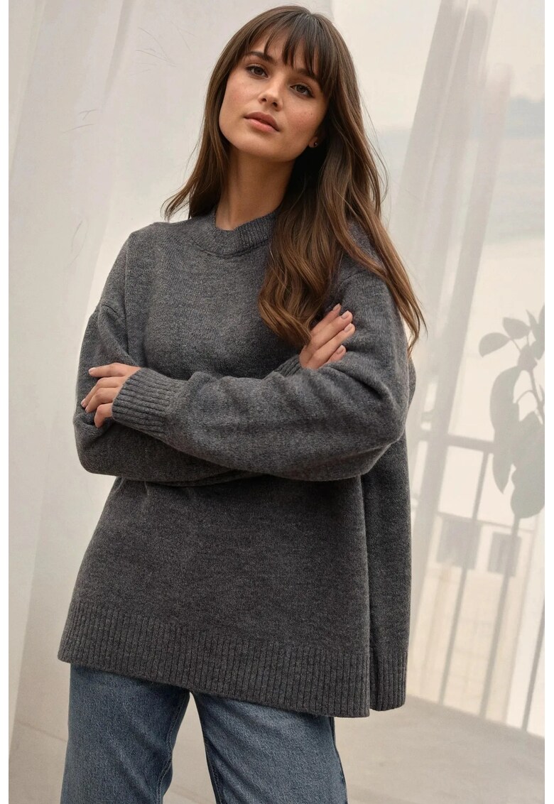 Pulover dama -  tricotat - guler rotund - gri - tricot -