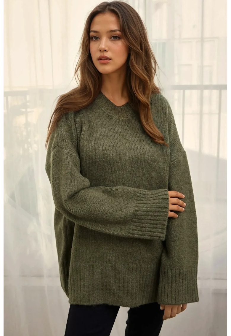 Pulover dama - tricotat gros - tricot - Verde kaki -