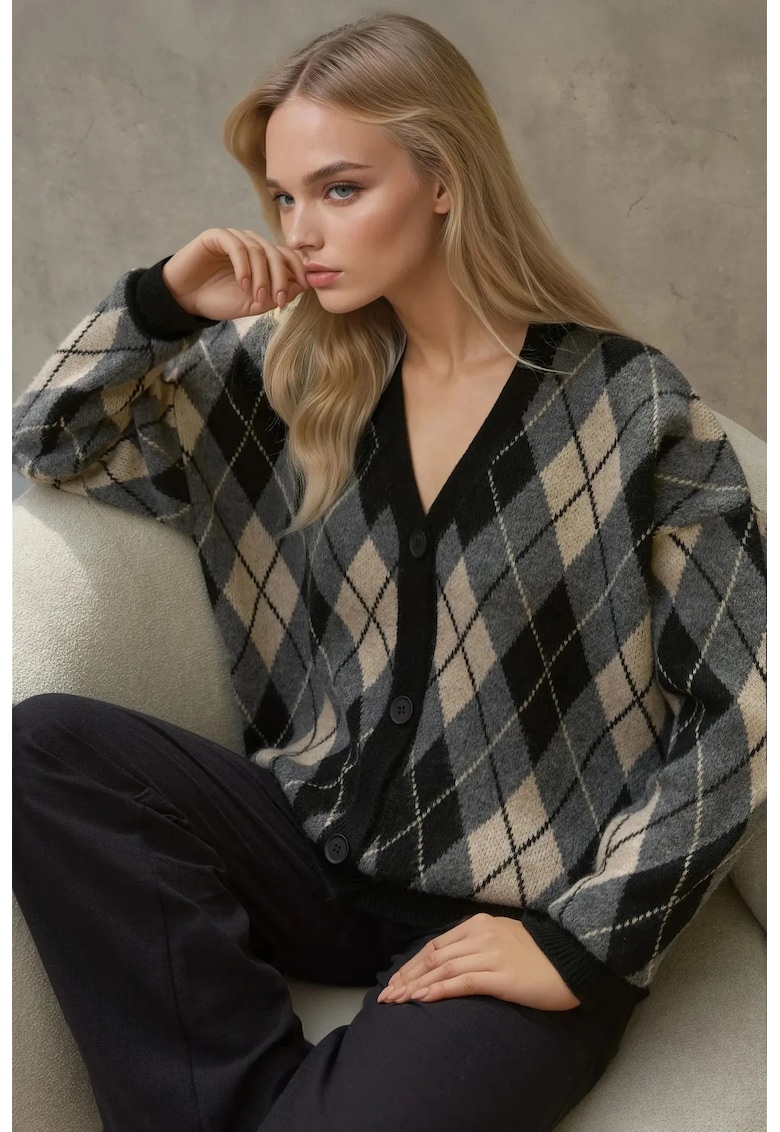 Cardigan lung tricotat - imprimeu geometric - decolteu in V - tricot - Negru -