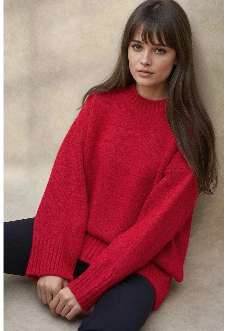 Pulover dama - tricotat gros - guler rotund - rosu - tricot -