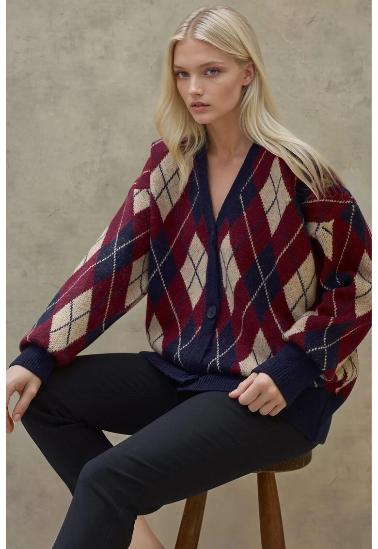 Cardigan lung tricotat geometric - decolteu in V - nasturi - tricot - Multicolor -