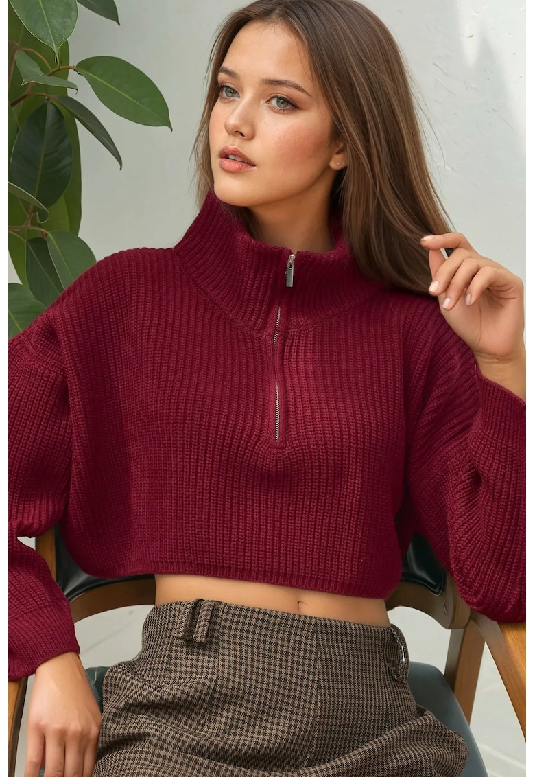 Pulover dama  crop - gros tricotat - guler cu fermoar - visiniu - tricot -