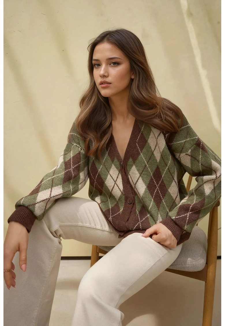 Cardigan lung tricotat model geometric cu decolteu in V si nasturi - multicolor - tricot -