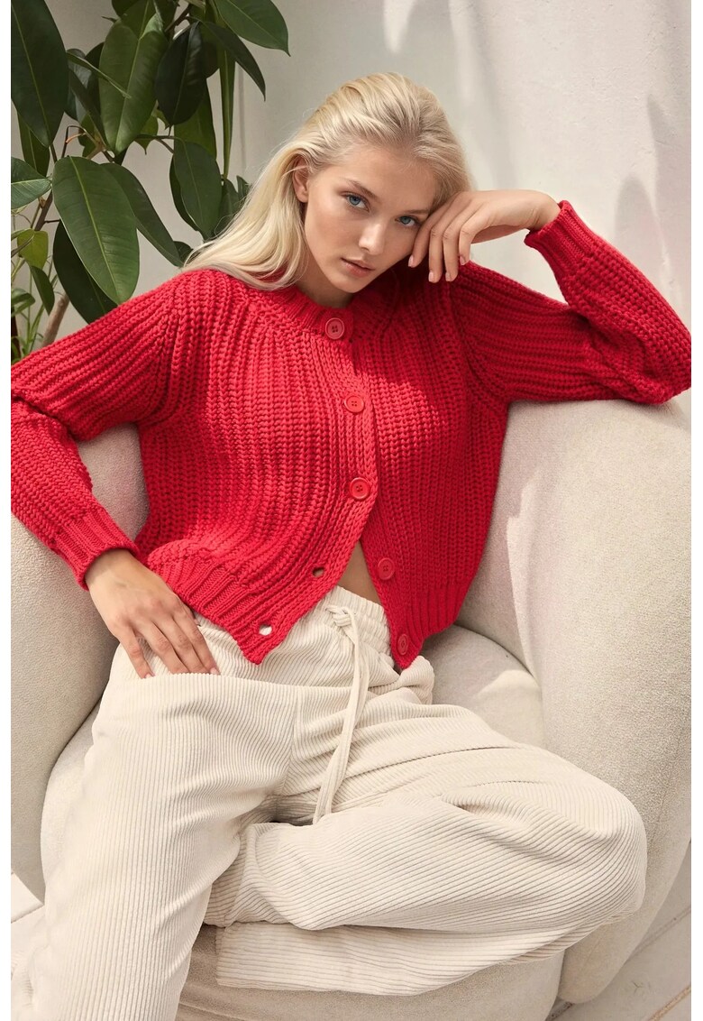 Cardigan lung - tricotat texturat - guler rotund - tricot - Rosu -