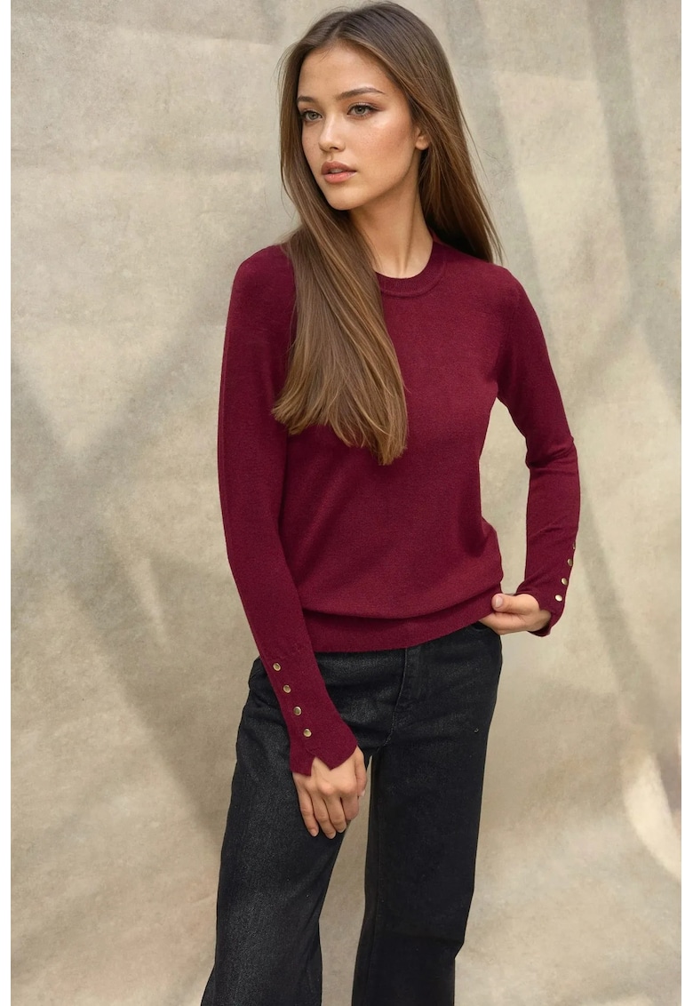 Pulover dama -  tricotat cu guler rotund si nasturi - visiniu - tricot