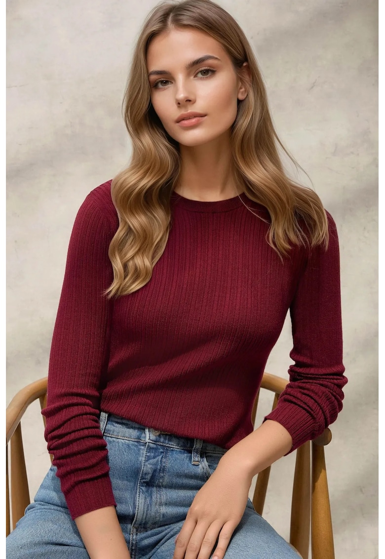 Pulover dama guler rotund - mulat - visiniu - tricot Pulover dama guler rotund - mulat - visiniu - tricot