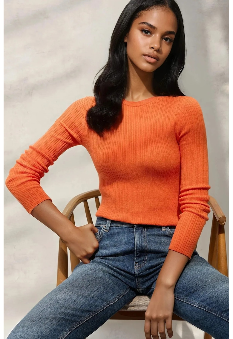 Pulover dama  mulat - guler rotund - portocaliu - tricot