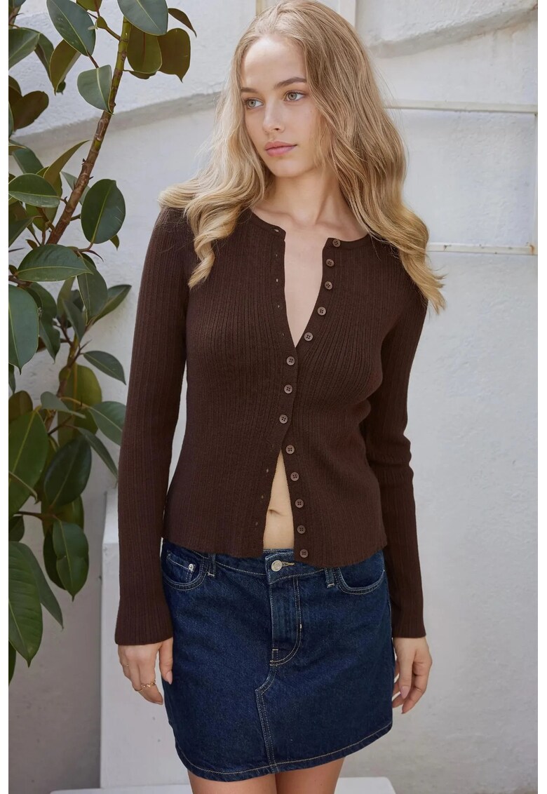 Cardigan Basic cu Nasturi -  Maro - Tricot