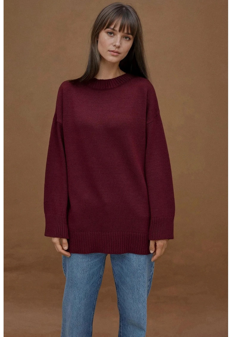 Pulover lung -  tricotat gros - guler rotund - visiniu - tricot