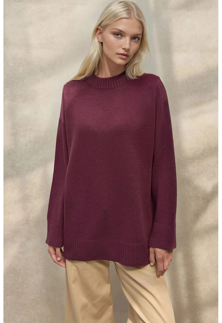 Pulover dama -  lung tricotat gros - guler rotund - mov - tricot