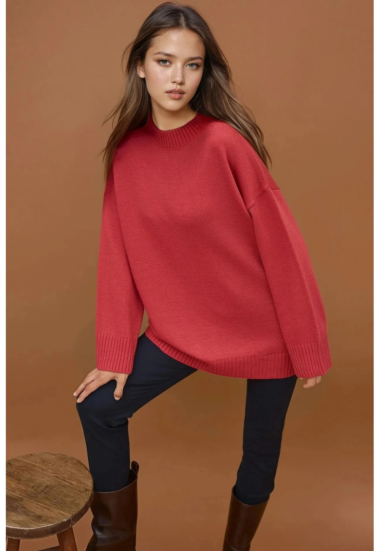 Pulover dama -  lung tricotat gros - guler rotund - rosu - tricot