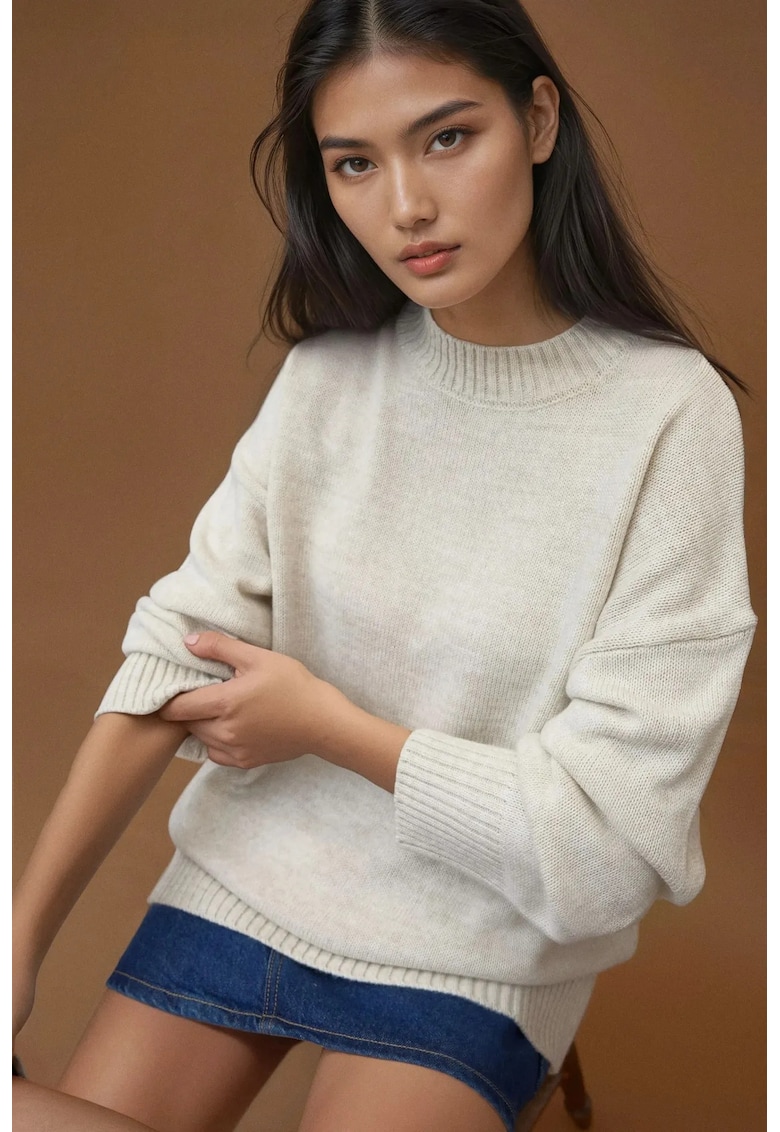 Pulover dama -  lung tricotat - guler rotund - alb natural - tricot
