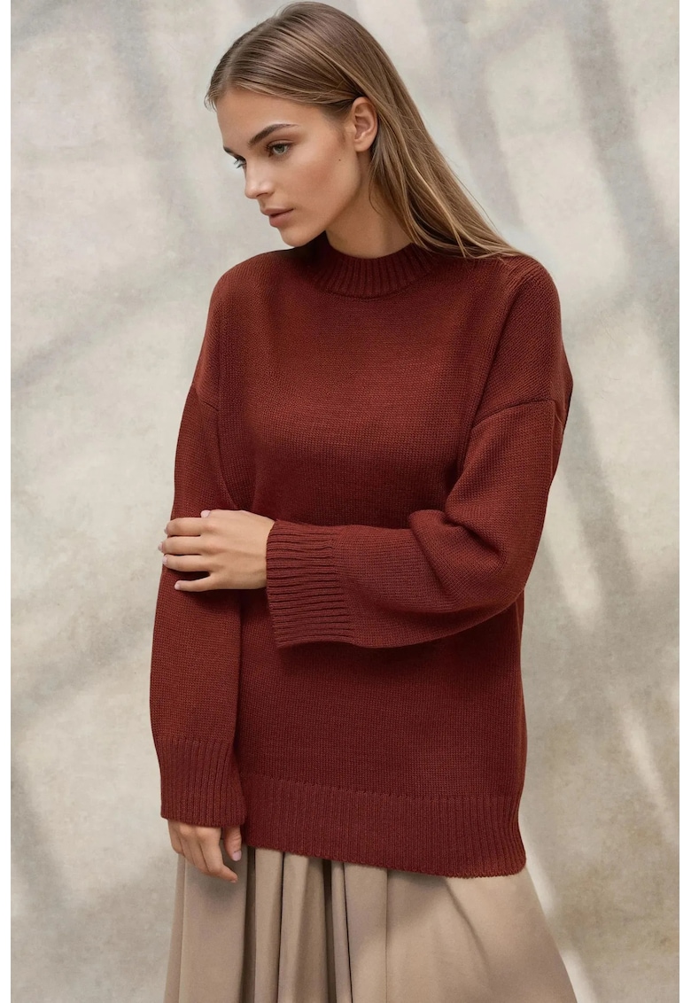 Pulover dama -  pulover lung tricotat gros - maro roscat - tricot