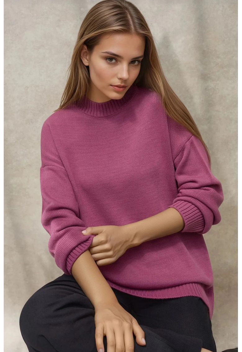 Pulover lung dama -  tricotat din material gros - guler rotund - roz prafuit - tricot