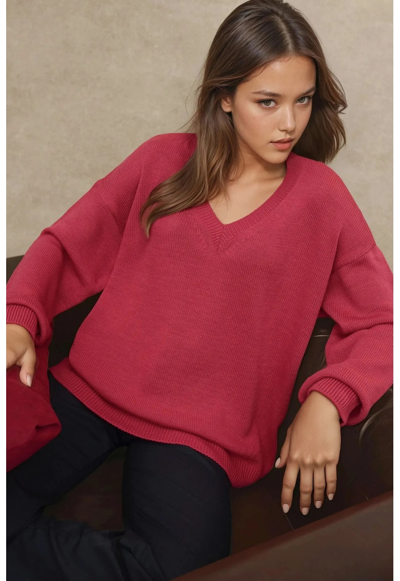 Pulover dama - tricotat gros - decolteu in V - rosu - tricot