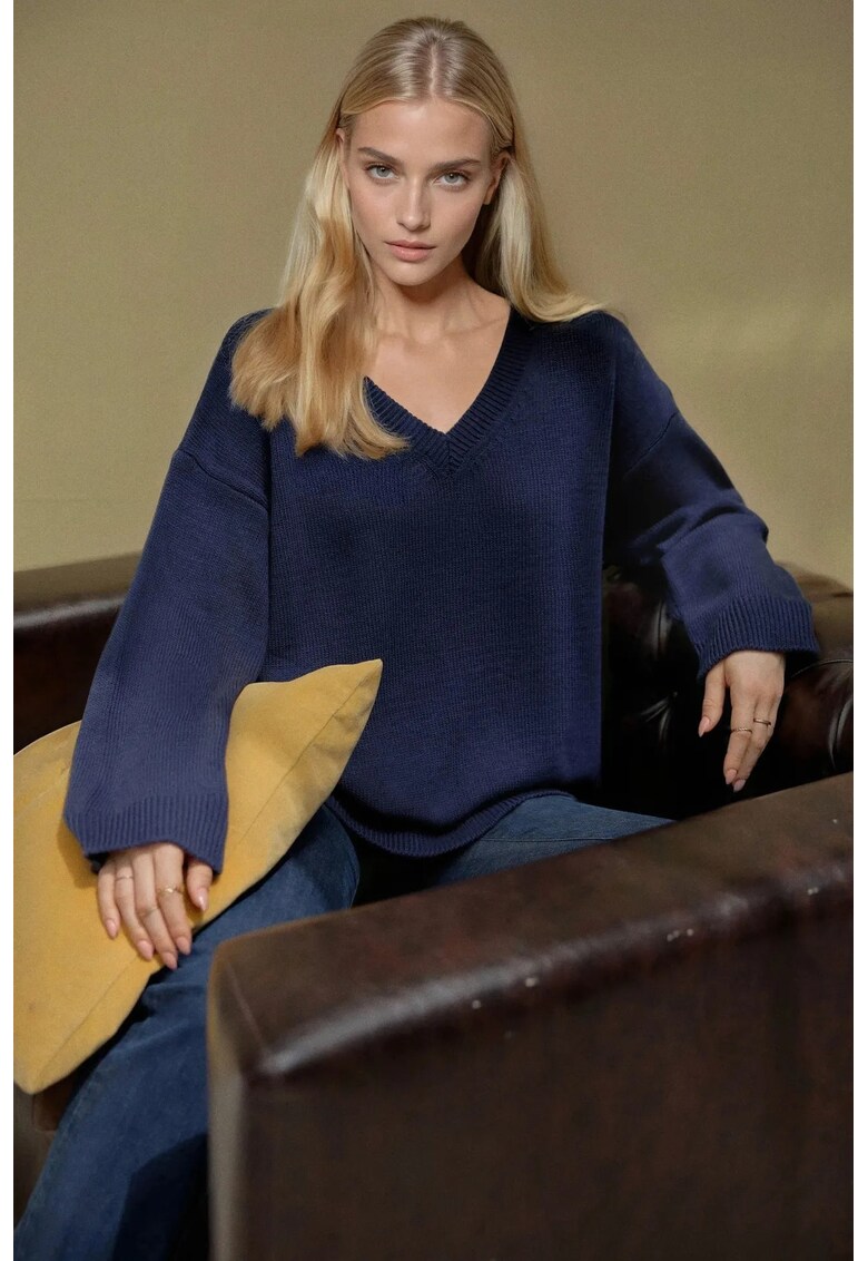 Pulover dama - gros - decolteu in V - albastru - tricot