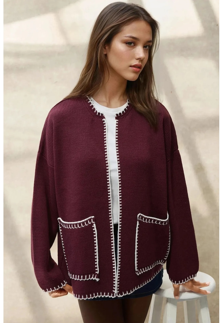 Cardigan lung tricotat -  detalii cusute - visiniu - tricot