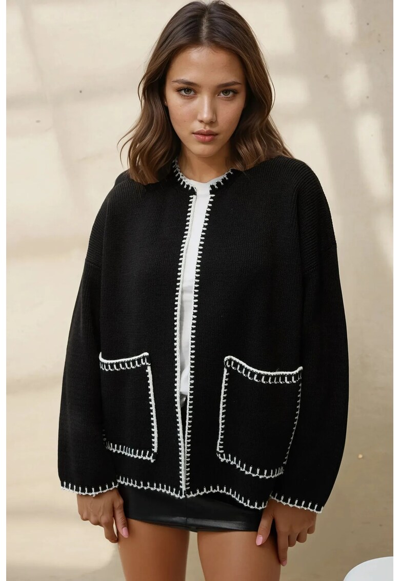 Cardigan lung tricotat detalii cusute - negru - tricot