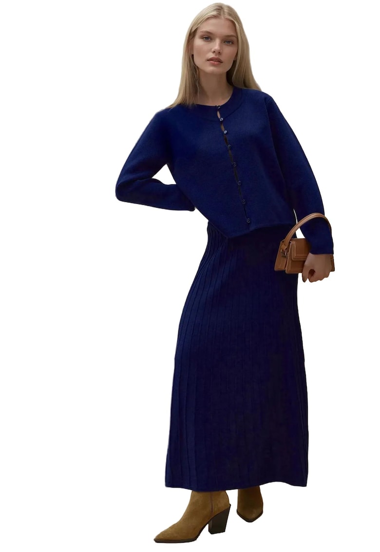 Set tricotat -  cardigan cu guler rotund si fusta evazata - confortabil - bleumarin - tricot