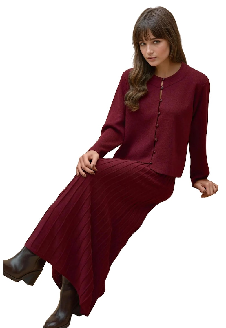 Set tricotat  cardigan cu guler rotund si fusta evazata - rosu - tricot