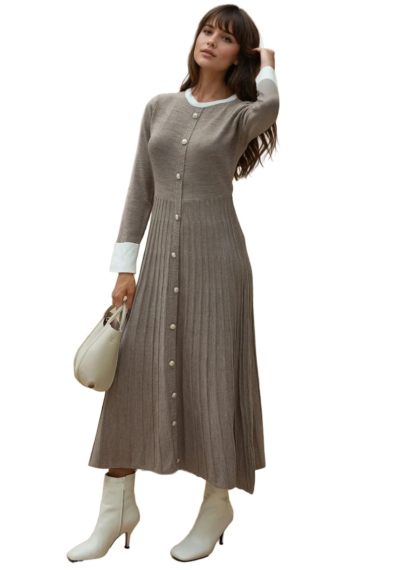 Rochie maxi tricotata - texturata - maro melange - material tricot