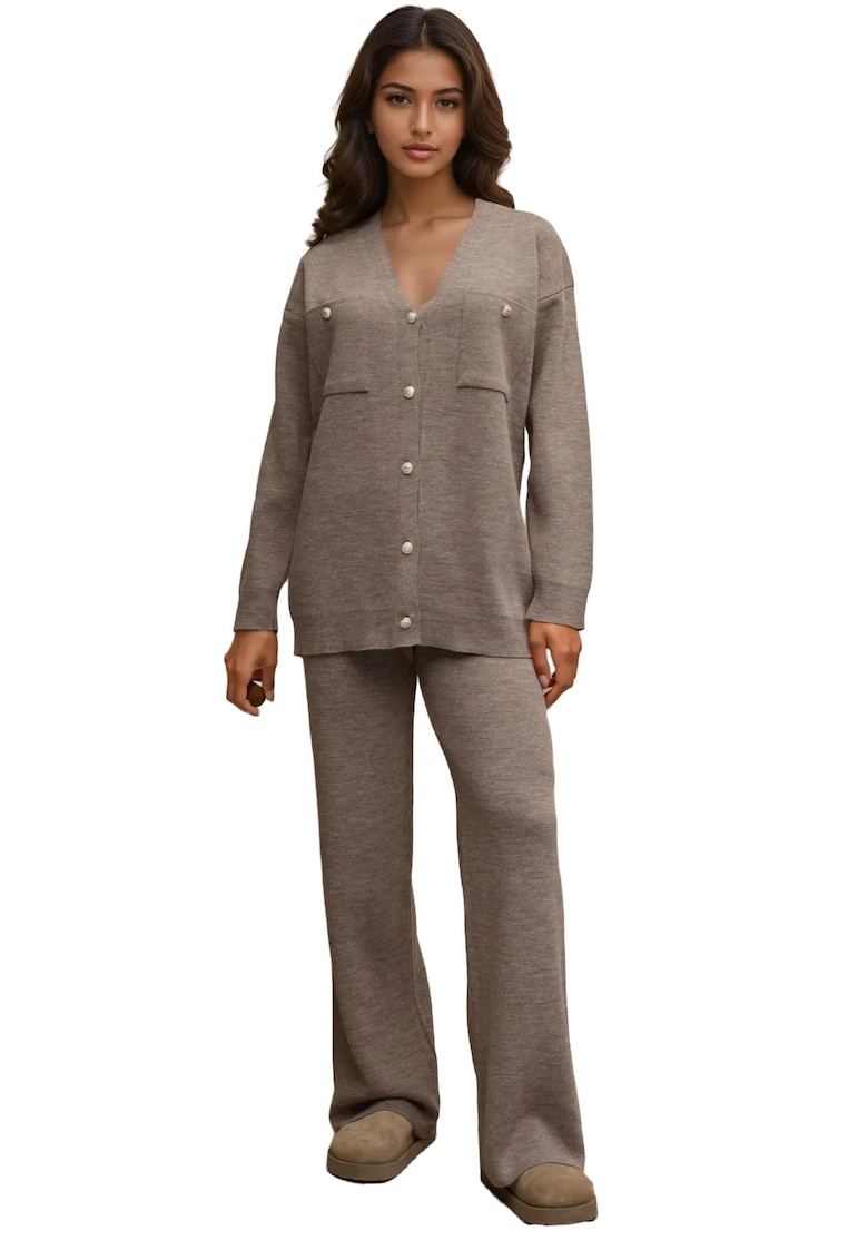 Set tricotat  cardigan cu decolteu in V si pantaloni largi - talie inalta - maro melange - tricot