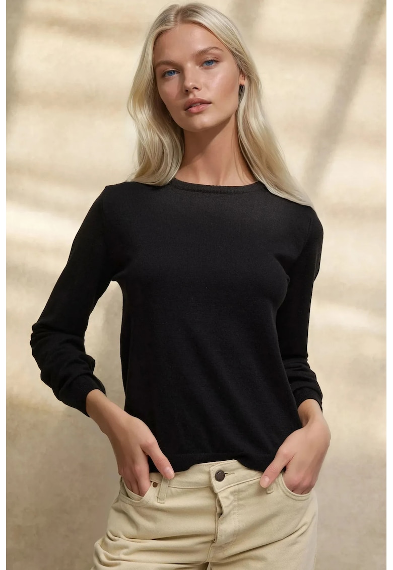 Pulover dama -  basic - guler rotund - negru - tricot