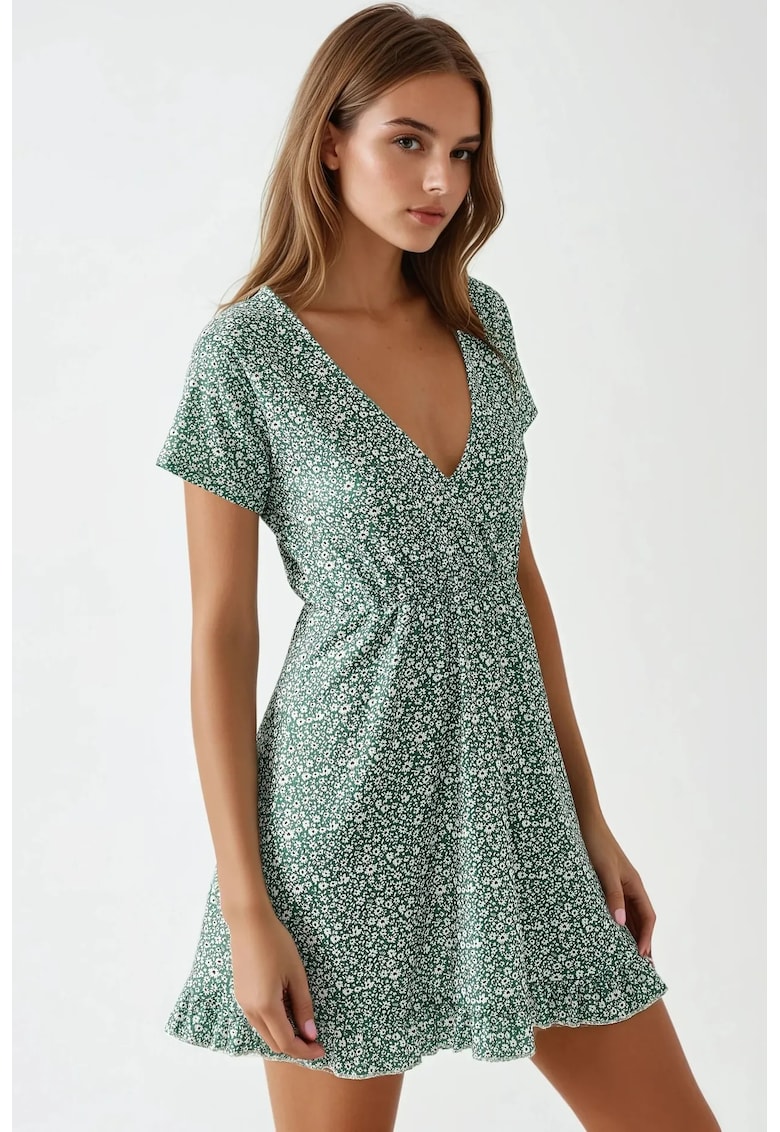 Rochie mini - decolteu in V - imprimeu floral - verde menta - textil