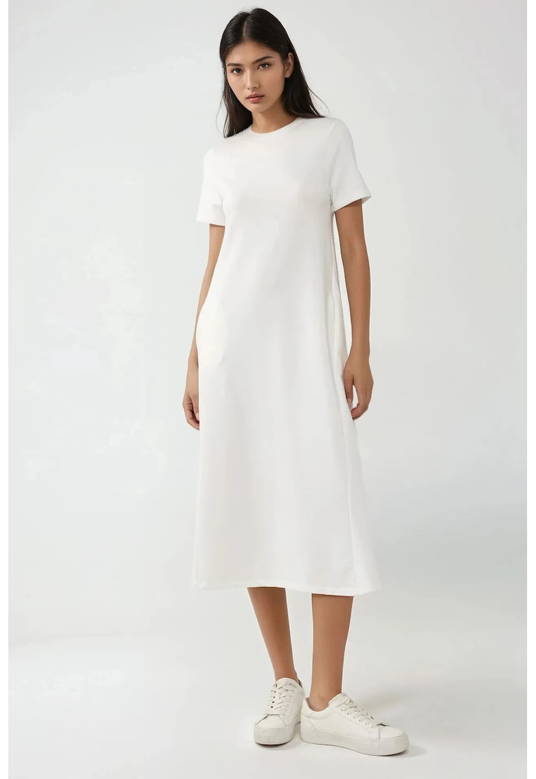 Rochie midi guler rotund - maneca scurta - alb - jerseu