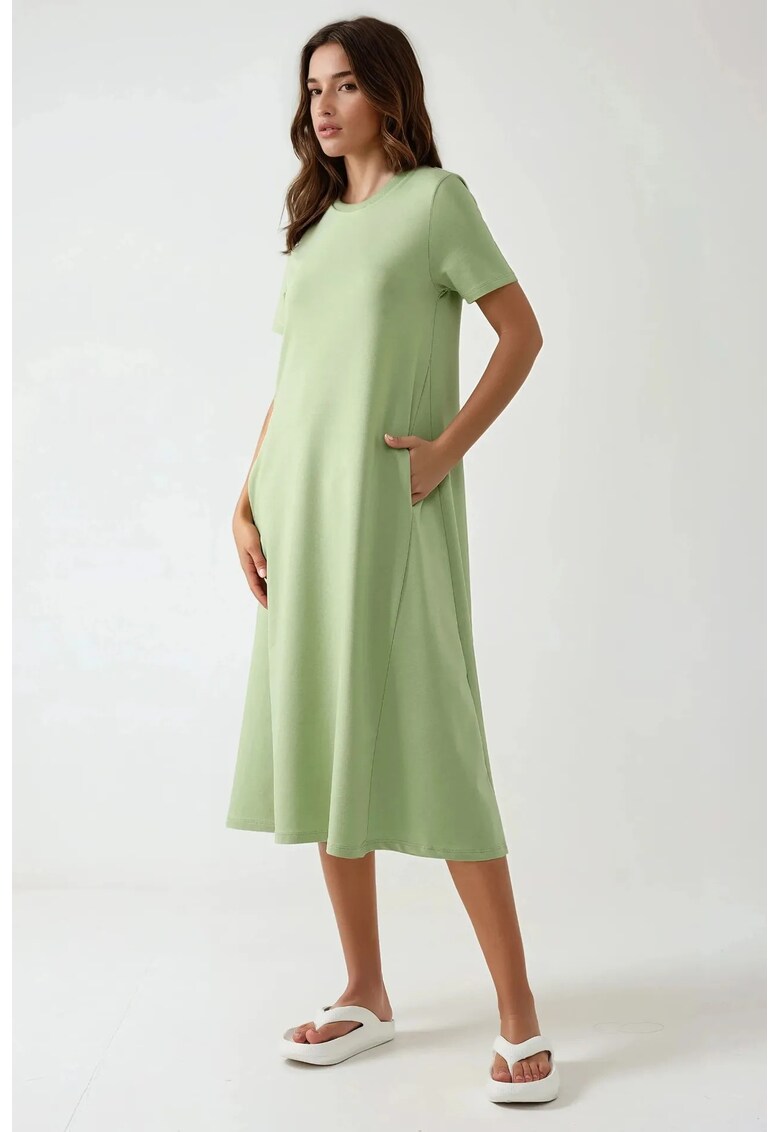 Rochie midi guler rotund - maneca scurta - verde - jerseu