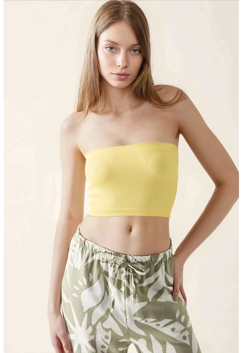 Top scurt dama - slim fit - jerseu - fara bretele - galben