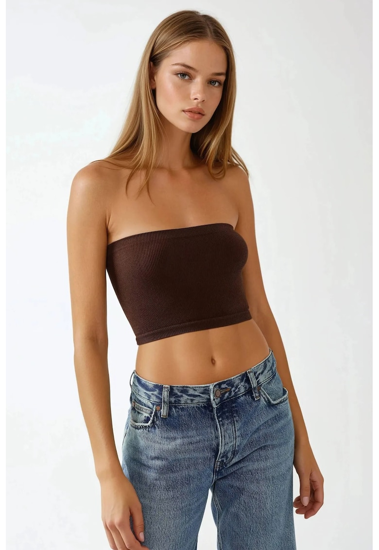 Top scurt dama - slim fit - jerseu - fara bretele - maro